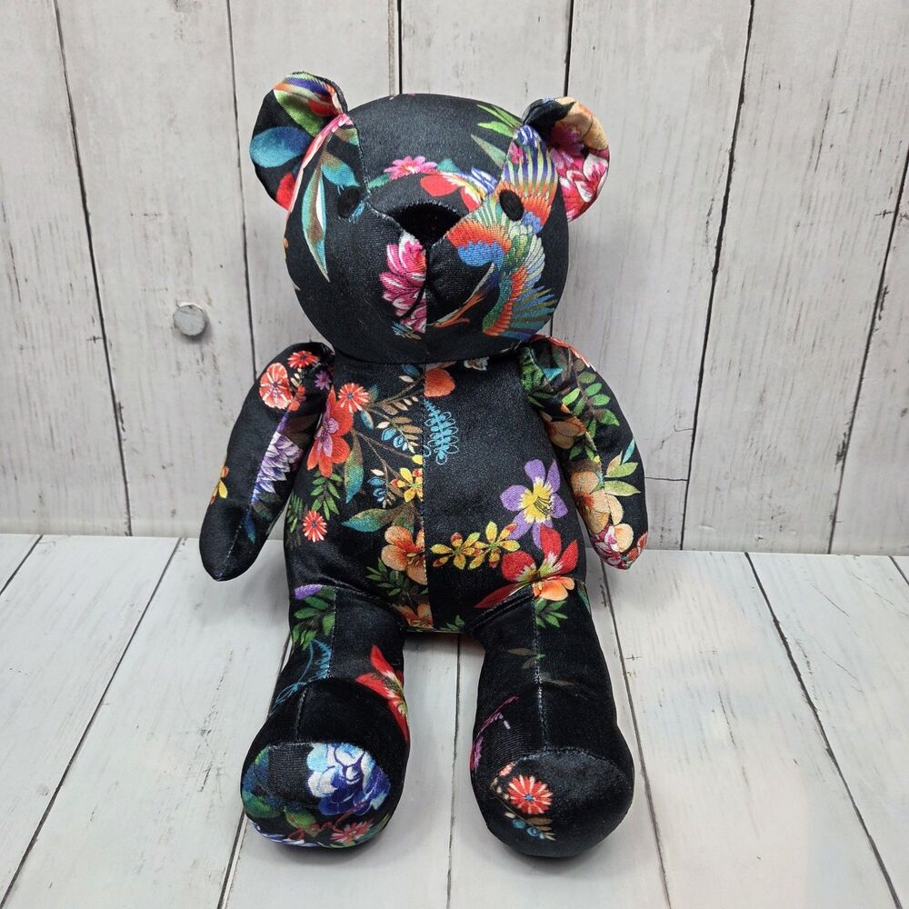 Johnny Was Dreamer Floral Teddy Bear Plush Velour Stuffed Bear Black Multicolor